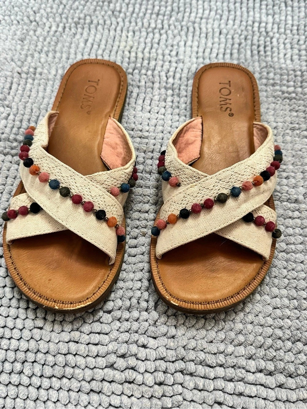 TOMS Viv Pom Slide Sandal Tan & Multicolor US 5.5